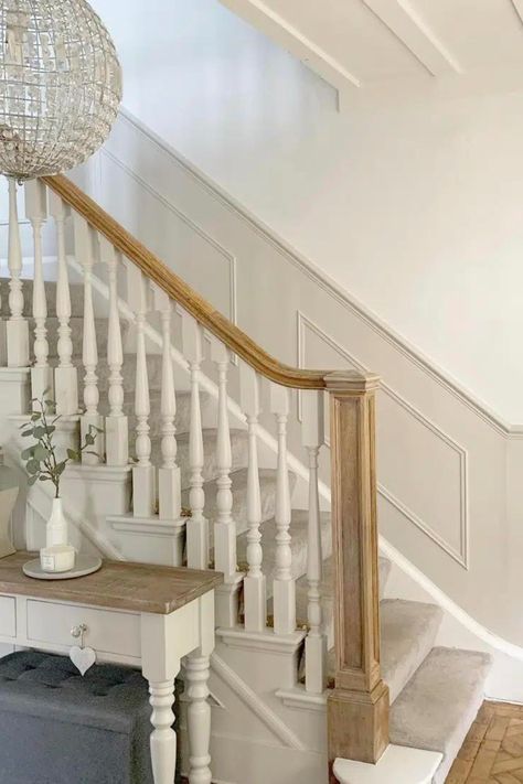 These 15 wood panelling stairs ideas will help to raise the roof in your home… a charming and timeless addition that will add value, and depth to a hallway. Whether you have a small hallway, or an expansive space. Wood panelling stairs can be a great way to add interest and break up the monotony of plain walls. It’s a decorating style that’s suitable for new build properties, to grade listed buildings as there is so many ways to do it. Continue >> Hallway Decorating Colours, Beige Living Room Walls, Stairs And Hallway Ideas, Hallway Panelling, Stair Paneling, Living Room Panelling, Small Staircase, Painted Staircases, Hallway Colours