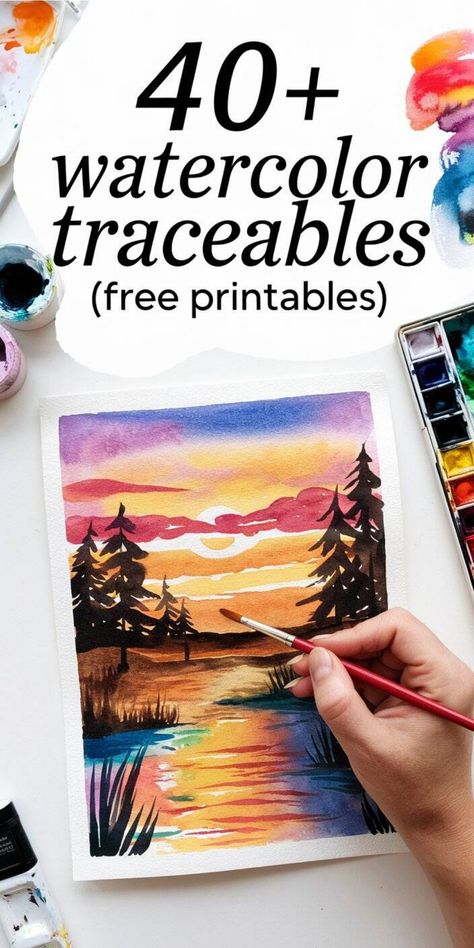 Hand painting a vibrant sunset landscape with watercolors, surrounded by art supplies. Watercolor Stencil Printable, Watercolor Templates Printables, Free Watercolor Printable, Printable Drawings, Watercolor Templates, Free Printable Stencils, Sunflower Stencil, Printable Stencils, Free Stencils Printables