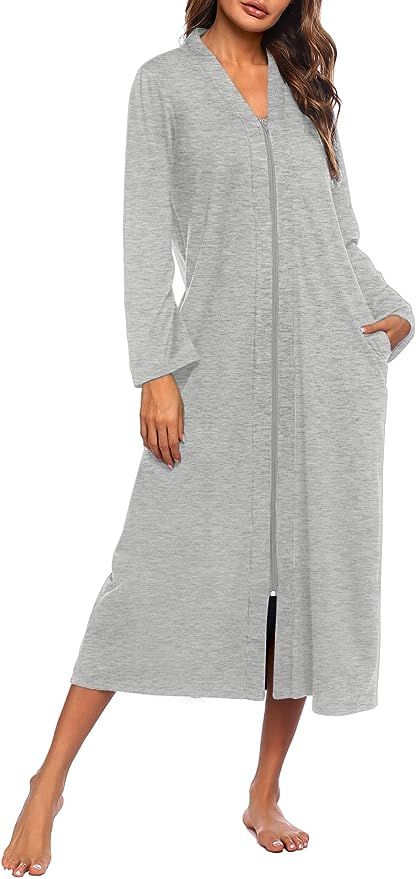 Ekouaer Women Zipper Robe Long Sleeve Loungewear Lightweight Housecoat Full Length Nightgown Gray at Amazon Women’s Clothing store Robes For Women, Women's Robe, Sleep Dress, Comfort Wear, Womens Robes, Amazon Women, Cardigan Jacket, Long Cardigan, Front Open