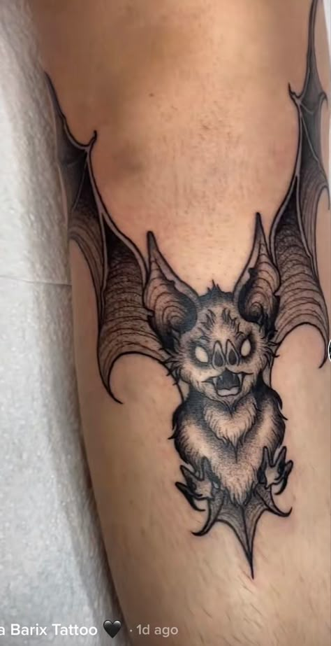 Bat On Knee Tattoo, Bat Tattoo On Leg, Halloween Leg Tattoos Women, Bat Tattoo Under Knee, Gothic Knee Tattoos Women, Vintage Pumpkin Tattoo, Bat Shin Tattoo, Bat Under Knee Tattoo, Bat Hip Tattoo