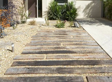 Sleeper Pathway, Verge Garden, Zona Bbq, Sleepers In Garden, Decking Ideas, Australian Native Garden, Railway Sleepers, Gravel Patio, Courtyard Gardens Design