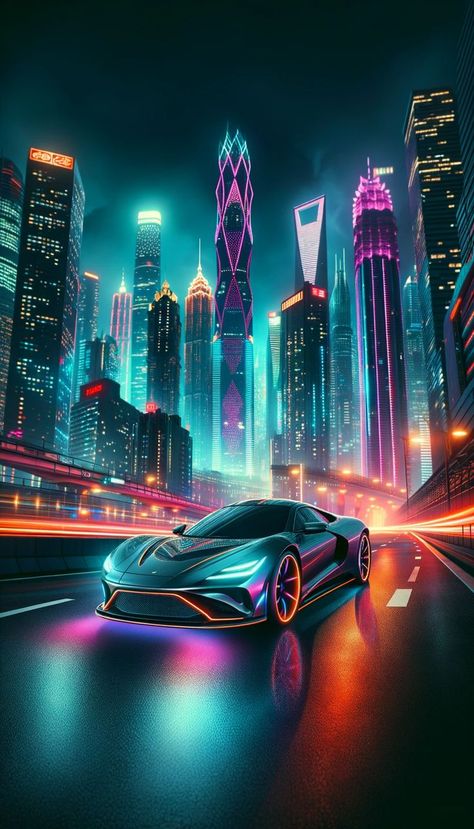 A sleek sports car with neon reflections on its surface, cruising in a city bathed in bright neon lights from towering skyscrapers, tailored for a Car iPhone Wallpaper. Neon Car, Cracked Wallpaper, Car Iphone Wallpaper, Neon City, Wallpaper Earth, Cool Car Pictures, Futuristic Cars, Top Cars, Neon Lights