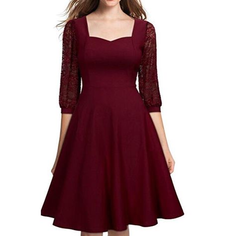 Moda Over 50, Lace Dress Casual, Sleeve Lace Dress, Maroon Dress, Lace Formal Dress, Lace Dress With Sleeves, Aline Dress, Midi Dress Party, Vestidos Vintage