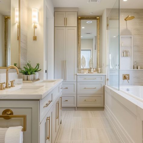 Gold And White Bathrooms, Bathroom Cabinets With Makeup Vanity, Neutral Primary Bathroom, Mid Century Master Bath, Tub Between Two Vanities, Cream Gold Bathroom, Makeup Area In Bathroom, Airy Master Bath, Bathroom Vanity Pink