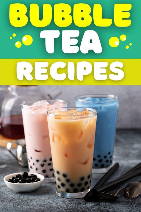 Skip the boba shop today and make your own treat with these fun bubble tea recipes! They're sweet and creamy, and I promise it's way easier than you think. Fruity Boba Drinks, Bubble Tea Recipe With Popping Boba, Fruit Bubble Tea Recipe, Bubble Tea Recipes, Pretzel Shop, Boba Party, Diy Boba, Fruit Tea Recipes, Boba Tea Recipe