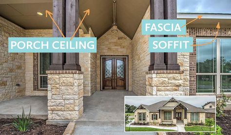 covered porch showing paint locations for fascia & soffit Exterior House Colors With Brown Soffit, Fascia And Soffit Colors, Dark Fascia And Soffit, Replacing Soffit And Facia, Brown Soffit And Fascia, New Home Exterior, Soffit And Fascia, Exterior Paint Combinations, Home Exterior Paint