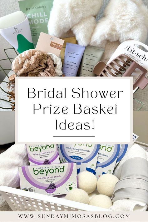 Awesome bridal shower prize ideas for guests! Your guests are going to LOVE these!! My mom and I put together 13 bridal shower gift baskets for games that our guests can win throughout the wedding shower. Check out our post here for all of our prize basket ideas for bridal shower! Bridal Shower Gift Ideas Baskets, Bridal Shower Game Gifts, Prize Basket Ideas, Bridal Shower Prize Ideas, Bridal Shower Guest Gifts, Shower Prize Ideas, Guest Gift Basket, Wedding Shower Prizes, Bridal Gift Baskets