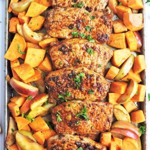 Sheet Pan Honey Glazed Pork Chops with Sweet Potatoes & Apples - Beautiful Eats & Things Pork Chops With Sweet Potatoes, Sheet Pan Pork Chops, Pork With Apples, Honey Glazed Pork Chops, Sheet Pan Pork, Honey Pork Chops, Pan Pork Chops, Honey Pork, Sheet Pan Dinners Chicken