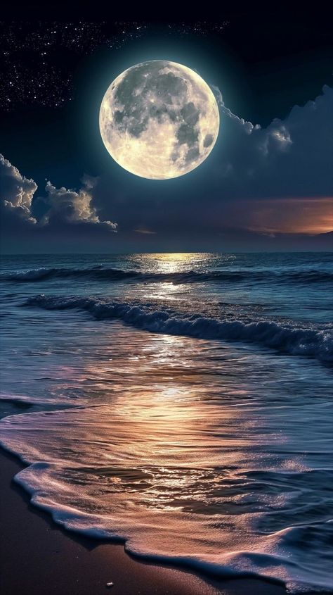 Moon Water Wallpaper, Moon Artwork Paintings, Good Night Ocean Images, Moon And Water Wallpaper, Moon And Beach, Moon Over Ocean, Painting And Embroidery, Moon Ocean, Moonlight Beach