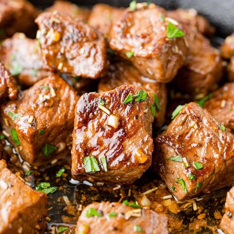 Garlic Butter Steak Bites Recipe - Rachel Cooks® Garlic Butter Steak Bites, Butter Steak Bites, Steak Bites Recipe, Garlic Steak, Beef Dinners, Butter Steak, Garlic Butter Steak, Food Meat, Steak Butter