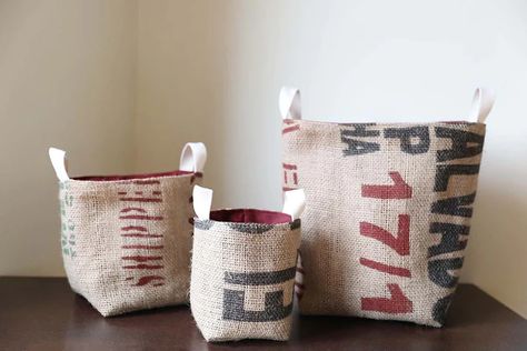 Coffee Burlap Sacks Projects, Coffee Sack Ideas, Coffee Bag Crafts, Recycled Coffee Bags, Coffee Bean Sacks, Burlap Coffee Bags, Coffee Bean Bags, Craft Show Booths, Burlap Ideas