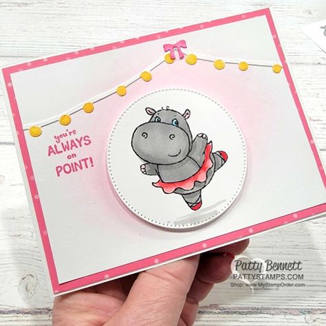 Hippest Hippos ballet card - Stampin\' UP! Salea-Bration gift set. card by Patty Bennett Patty Bennett, Cards Homemade, Cute Hippo, Free Stamps, How To Make Scrapbook, Fun Cards, Card Making Crafts, Embossed Paper, Quick Cards