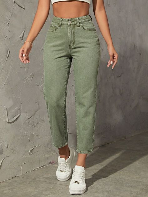 Army Green  Collar  Denim Plain Tapered/Carrot Embellished Non-Stretch  Women Clothing Green Jeans Outfit Black Women, Olive Green Jeans Outfit Women, Jeans Verdes, Olive Green Jeans Outfit, Jean Verde, Jean Vert, Green Mom Jeans, Green Jeans Outfit, Ethereal Mermaid