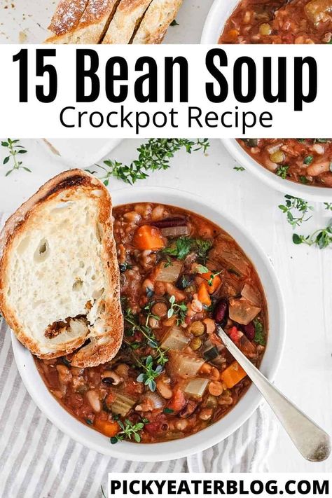 This hearty 15 bean soup crock pot recipe couldn't be simpler! Beans, diced veggies, spices, and broth simmer all day in a crock pot until thick and flavorful. It's a cozy, nutritious dinner for a busy weeknight. 3 Bean Soup Crock Pots, Bean And Hamburger Soup, 16 Bean Soup Recipe Crock Pots, 15 Bean Soup Crock Pot Slow Cooker, 10 Bean Soup Recipe Slow Cooker, 15 Bean Soup Crock Pot Vegetarian, 16 Bean Soup Crockpot, Vegan 15 Bean Soup, Cajun 15 Bean Soup Crock Pot