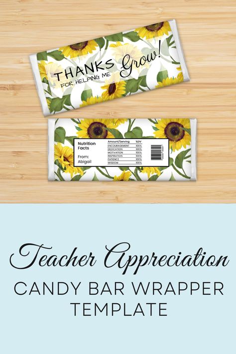 Teacher Appreciation Chocolate Bar Wrapper with Sunflowers. Thanks For Helping Me Grow Editable Text Teacher Appreciation Chocolate, Personalised Chocolate Wrappers, Thanks For Helping Me Grow, Personalised Chocolate, Teacher Birthday, Chocolate Bar Wrappers, Chocolate Wrappers, Presents For Teachers, Teacher Printable