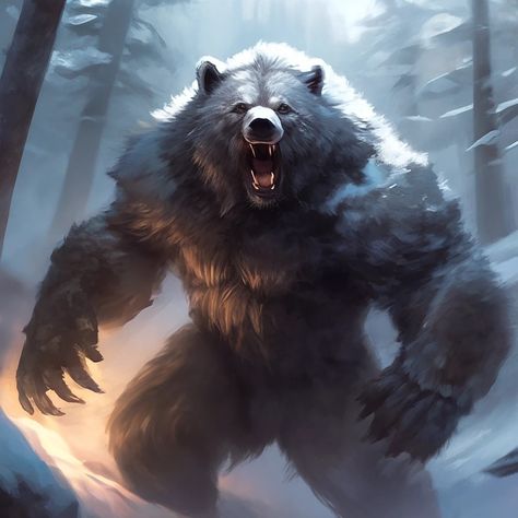 Werebear Art Character Design, Wolverine Animal Art, Werebear Art, Bear Island, Monster Artwork, Bear Artwork, Werewolf Art, Fantasy Creatures Art, Mythical Creatures Art