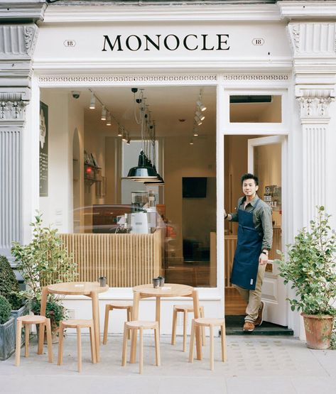 The Monocle Café on 18 Chiltern Street, London, UK | Yatzer Monocle Cafe, Mini Cafe, London Cafe, Small Coffee Shop, Cafe Seating, Coffee Shop Interior Design, Design Café, Restaurant Seating, Cafe Shop Design