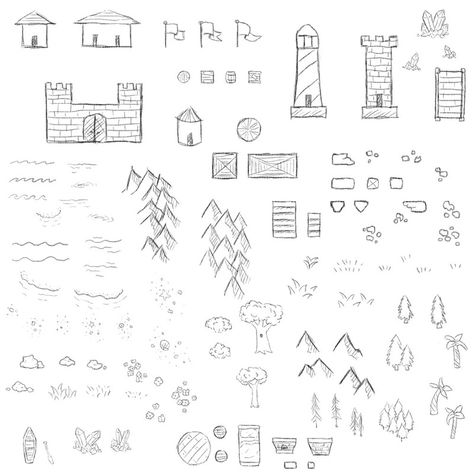 This ruche pack of 108 map making pack includes such map ... Fantasy Map Drawing Ideas, Map Elements, Mountains Flowers, Map Sketch, Draw Reference, Fantasy Map Making, Map Making, Photoshop Brushes Free, Fantasy World Map