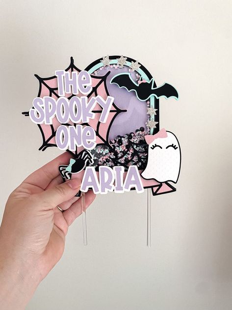 Spooky One Cake Topper, Pink Halloween Cake, Spooky Cake Topper, Halloween Sayings For Cards, The Spooky One, Halloween Toppers, Cute Halloween Cakes, Spooky Birthday, Spooky Cake