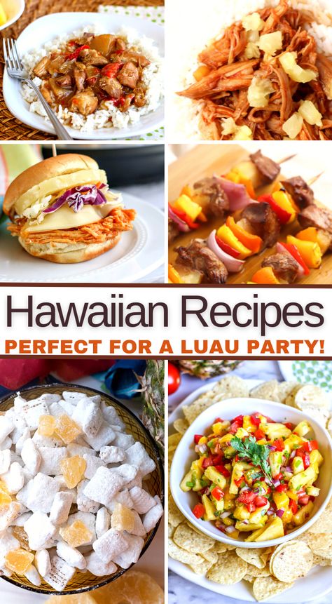 Hawaiian Dinner Party Food, Luau Snack Ideas, Food For Hawaiian Themed Party, Laua Party Food, Food For Luau Party, Luau Menu Ideas, Hawaiian Food Party Luau Birthday, Hawiian Appetizers Luau Food, Luau Side Dishes