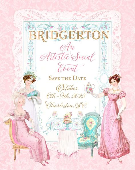 Bridgerton Artistic Social Event | Save The Date - Jennifer Hayslip Bridgerton Save The Date, Bridgerton Invitation, Event Save The Date, Workshop Event, Starbucks Cake, Bridgerton Aesthetic, Rose House, Watercolor Monogram, Social Event