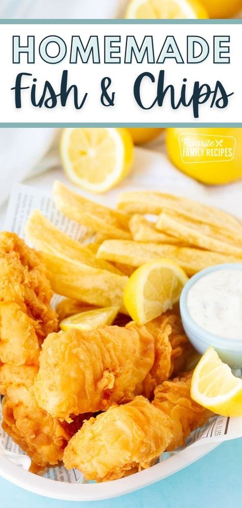 These Homemade Fish and Chips are crispy, flavorful, and delicious. When made right, this recipe rivals anything you can buy near the ocean. Tender, flaky fillets battered and fried in hot oil to golden perfection, and served with crispy homemade French fries, this meal hits the spot any day of the week. Crispy Fish Batter Recipe Easy, Fish And Chips Recipes, Fish And Chips Batter Recipe, Cod Fish And Chips Recipe, Homemade Fish Fry Breading, Fish And Chips Recipe No Beer, Fish And Chip Batter, Fish & Chips, Homemade Fish Batter