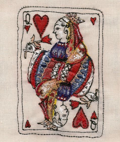 Queen Of Hearts Embroidery, Embroidered Playing Cards, Free Hand Sewing Machine Embroidery, Handmade Valentine Cards Aesthetic, Embroidery With A Sewing Machine, Embroidery On Sewing Machine, Bead Embroidery Clothing, Embroidery Sewing Machines, Free Hand Machine Embroidery