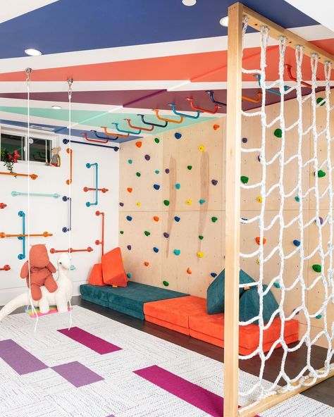 Basement Foam Pit, Diy Sensory Playroom, Rock Wall Playroom, Kids Room Murals Diy, Playroom Ceiling, Active Playroom, Sensory Playroom, Children Playroom, Indoor Playroom