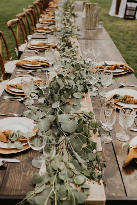 Head Table Eucalyptus Garland, Eucalyptus Wedding Table Decor, Greenery Tablescape, Eucalyptus Table Runner, Long Table Decorations, Burlap Wedding Table, Kinfolk Dinner, Make A Garland, Wedding August