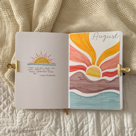 Bujo Sun Theme, June Bullet Journal Cover Easy, Tablet Cover Painting, Visual Journal Cover Ideas, Journal Name Page, Summer Bullet Journal Cover, August Journal Ideas, Cover Painting Ideas, August Bullet Journal Ideas