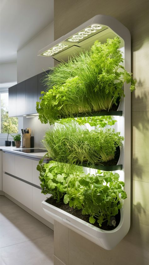 A lush kitchen garden, vertically grown to save space and enhance freshness 🌱🌿 Living Wall Indoor Vertical Gardens, Indoor Wall Planter Ideas, Vertical Kitchen Garden, Indoor Garden Aesthetic, Herb Wall Garden, Indoor Wall Garden, Indoor Kitchen Garden, Hydroponic Wall, Home Farming