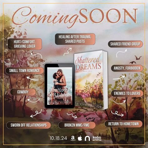 COMING SOON COVER REVEAL   ✨It’s cover reveal day for SHATTERED DREAMS by Natasha Madison releasing October 18th! Grab it at your favorite book vendor as it will be exclusive to KU on release day! #PreOrderNow https://books2read.com/ShatteredDreamsNM   Why you will love this book… 💕Small Town 🖤Enemies to Lovers 🏘️​​Return to Hometown ❤️‍🩹Hurt/Comfort 💕Angsty 🐎Cowboy 🖤Forbidden 💔Grieving Lover 🔥Shared Pasts ❤️‍🩹Healing After Trauma 💕Sworn Off Relationships 💔Broken MMC/FMC B... Hurt Comfort, Last Days Of Summer, Shattered Dreams, Small Town Romance, Enemies To Lovers, Last Day Of Summer, Last Days, Life Well Lived, Kindle Unlimited