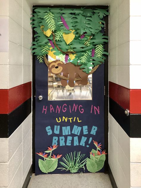 Hanging in until Summer Break sloth classroom door. Rainforest Door Decoration, Costa Rica Classroom Decor, Monkey Classroom Door, Costa Rica Door Decorations, Sloth Door Decorations Classroom, Rainforest Classroom Door, Jungle Theme Door Decorations Classroom, Sloth Bulletin Board Ideas, Sloth Classroom Decor