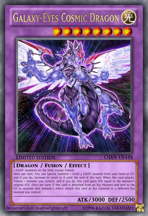 This is a fusion monster for the Galaxy eyes archetype Yugioh Fusion Cards, Cosmic Dragon, Eye Galaxy, Aries Things, Galaxy Dragon, Yugioh Dragon Cards, Duel Disk, Custom Yugioh Cards, Yugioh Dragons