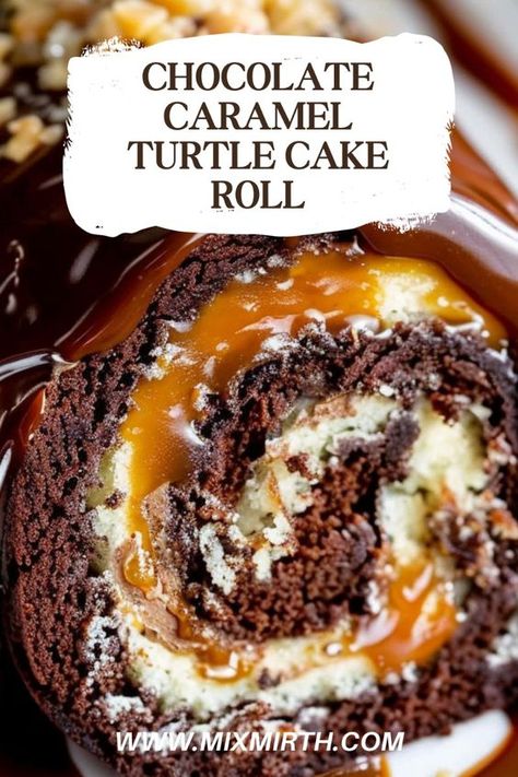 Indulge in the rich, decadent flavors of a Chocolate Caramel Turtle Cake Roll! 🍫🐢 A luscious chocolate sponge cake rolled with caramel and pecans. #CakeHeaven #TurtleTreats German Chocolate Roll Cake, Chocolate Caramel Turtle Cake Roll, Holiday Roll Cake, Turtle Caramel Cake Recipes, Gooey Chocolate Caramel Turtle Cake Roll, Turtle Caramel Cake, Chocolate Caramel Dessert Recipes, Recipes With Caramel, Chocolate Turtle Cake