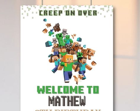 Minecraft party welcome sign | Etsy Minecraft Welcome Sign, Minecraft Party Supplies, Minecraft Theme, Party Welcome Sign, Minecraft Birthday Party, Video Game Party, Cupcake Toppers Printable, Birthday Tags, Minecraft Birthday