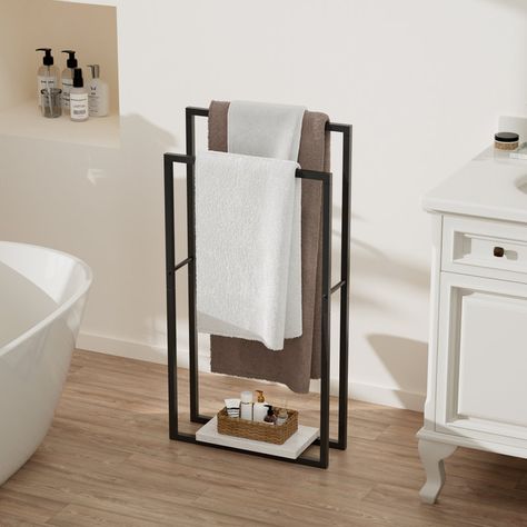 KES Freestanding Towel Rack 2-Tier Stand with Marble Base for Bathroom Metal Matte Black & Reviews | Wayfair Tower Rack Bathroom, Freestanding Towel Rack, Blanket Rack, Rack For Bathroom, Towel Stand, Large Baths, Tiered Stand, Towel Rack Bathroom, Bath Sheets