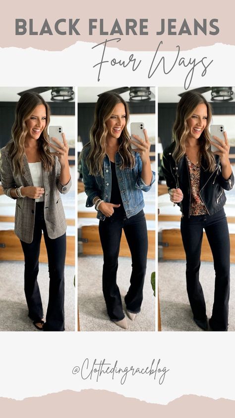 Black Flare Jeans Styled 4 Ways These amazing black jeans are on sale for $25 today! So stretchy and comfortable and fit like a dream.… | Instagram Flare Jeans Night Out Outfit, Black Flare Denim Outfit, Fall Outfits Women Flare Jeans, Black Flare Jeans Outfit Work, Black Jean Bell Bottoms Outfits, Styling Black Flare Jeans, What Top To Wear With Flare Jeans, Black Jeans Outfit Night Out, Black Flare Jean Outfits