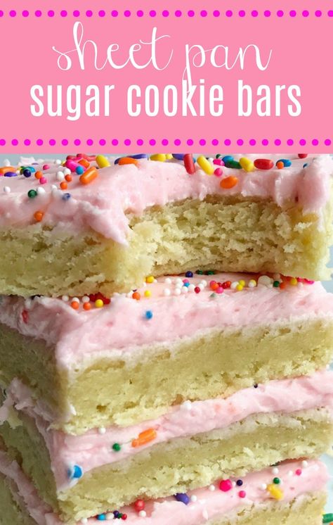 Sugar Cookie Bars | Sheet Pan Cookie Bars | Soft, thick sugar cookie bars topped with a creamy and sweet frosting and baked in a sheet pan. Perfect for a large crowd, potluck, picnic, or a party. #easydessertrecipe #dessert #dessertrecipe #sugarcookiebars #cookiebars Cookie Sheet Cake, Make Dessert, Dessert Oreo, Pan Cookies, Chocolate Chip Brownies, Sugar Cookie Bars, Desserts Vegan, Peanut Butter Bars, Large Crowd