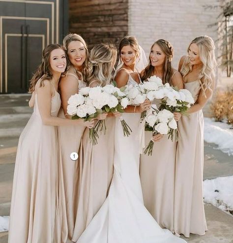 Beige Bridesmaids, Taupe Bridesmaid, Bridesmaid Poses, Taupe Wedding, Mumu Wedding, Neutral Bridesmaid Dresses, Champagne Bridesmaid Dresses, Champagne Bridesmaid, Beige Wedding