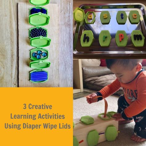 3 Creative Learning Activities Using Diaper Wipe Lids Baby Wipe Lid Ideas, Teacher Vibes, Baby Sensory Play, Sensory Crafts, Preschool Projects, Busy Boards For Toddlers, Sensory Activity, Baby Activities, Activity Board