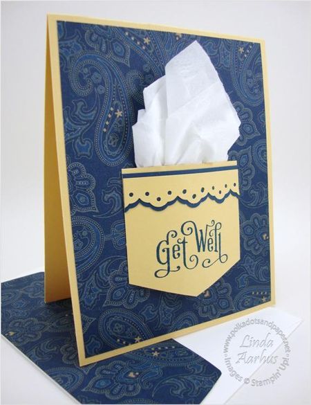 handmade Get Well card ... pocket with real kleenix ... luv the blue paisley background paper ... Stampin' Up! Just Saying Hello Cards, Get Well Cards Ideas, Get Well Soon Cards, Donation Box, Pocket Cards, Handmade Greetings, Get Well Cards, E Card, Les Sentiments