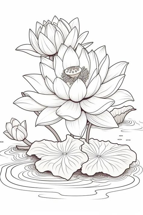 Lotus Drawing, Sunny Flowers, Coloring Worksheet, Lotus Flower Art, Flower Drawing Design, Flower Art Drawing, Flower Sketches, Embroidery Tutorial, Pola Sulam