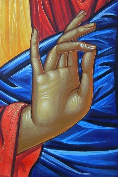 The right hand in Icons is raised to give a blessing.  Symbolically, the fingers spell out “IC XC”, a widely used four letter abbreviation of the Greek for Jesus (IHCOYC) Christ (XPICTOC). Notice the similarities with Buddhist Iconography... Hand Symbols, Hand Gestures, Orthodox Christian Icons, Rome Antique, Hand Gesture, Russian Icons, Art Sacre, Byzantine Art, Byzantine Icons