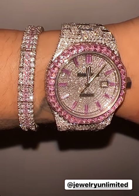 Iced Out Watches Women, Icey Jewelry, Pink Diamond Aesthetic, Luxury Pink Diamond Watch For Gift, Iced Out Watch Aesthetic, Luxury Pink Elegant Diamond Watch, Luxury Iced-out Silver Jewelry And Watches, Xoxo Jewelry, Girly Bracelets