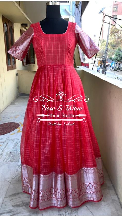 Saree Dress Gowns, Mirror Blouse Design, Gown Dress Party Wear, Frocks And Gowns, Checks Saree, Long Gown Design, Orange Saree, Frock For Women, Kids Frocks Design