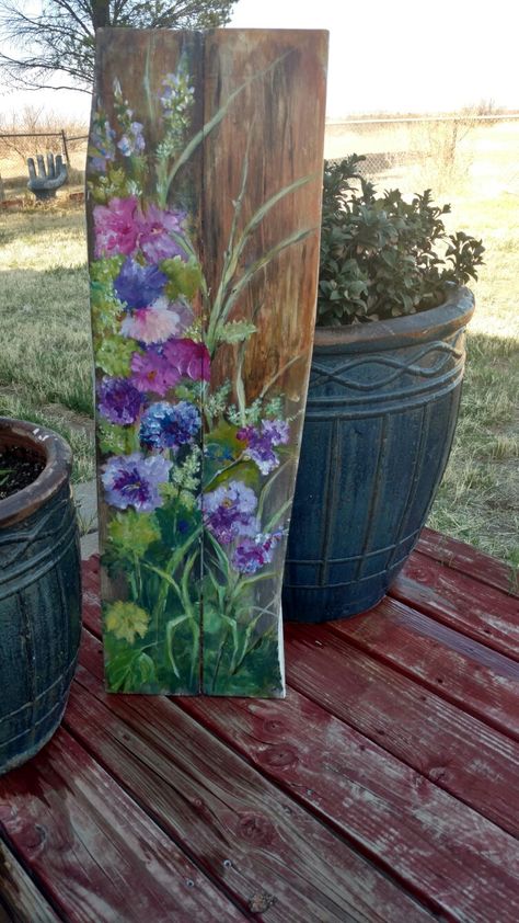 Painted Welcome Signs On Wood With Flowers, Floral Painted Wood Floor, Painting On Barnwood Ideas, Painted Barn Wood Art, Spring Painting On Wood, Painting On Barnwood, Flowers On Wood Painting, Painted Vines On Wood, Acrylic Painting On Wooden Board