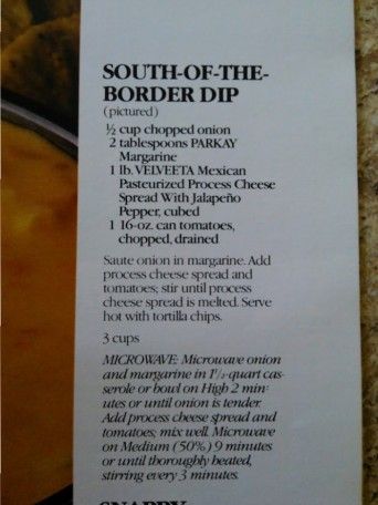 Velveeta South of the Border Dip | Dinner Is Served 1972 South Of The Border Dip, Asparagus With Cheese, Smirnoff Cocktail, Fondue Pot, South Of The Border, Nacho Cheese, Party Dishes, Cheese Spread, Saute Onions