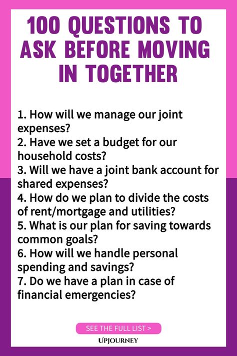 Are you and your partner considering moving in together? Explore these 100 thought-provoking questions to ensure you're on the same page about finances, future goals, and lifestyle preferences before taking that next step. This comprehensive list covers all the bases to help strengthen communication and deepen your relationship. Whether you're new to cohabitation or looking to enhance your existing living arrangement, these questions will guide you towards a harmonious shared life. Questions To Ask Before Moving In With Boyfriend, Things To Talk About Before Moving In, Questions Before Moving In Together, Questions To Ask Before Moving In, Questions To Ask Girlfriend, Moving In With Your Boyfriend, Move In With Boyfriend, Before Moving In Together, 100 Questions To Ask