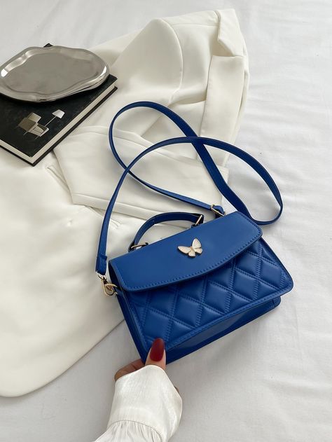 Blue Fashionable Collar  PU Leather Quilted Square Bag Embellished   Women Bags Blue Purses And Handbags, Royal Blue Bag, Classy Purses, Prom Bag, Prom Purse, Butterfly Bags, Butterfly Decor, Girly Bags, Bow Decor